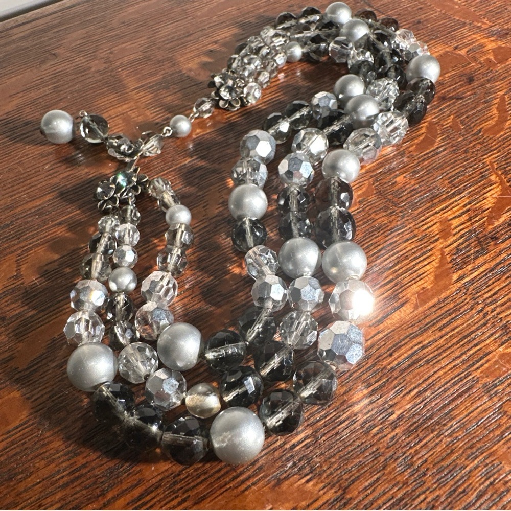 Signed DeMario 3 Strand Beaded Necklace/Choker Metallic Silver Colors-Adjustable